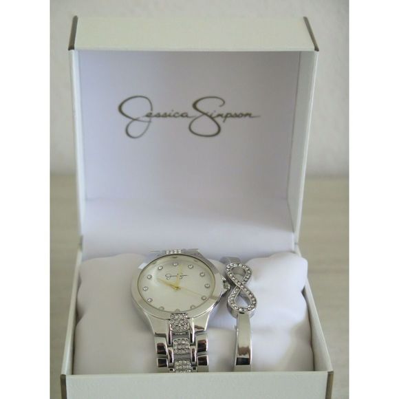 Jessica Simpson JSB8005SL Silver Crystal Infinity Hinged Bangle Watch Set $120 - Picture 3 of 8